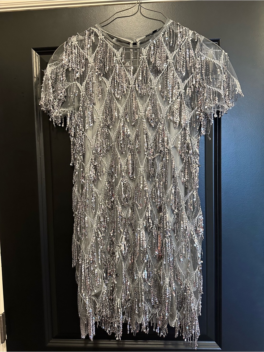 Lulu's Silver Beaded Fringe Short Sleeve Cocktail Dress
